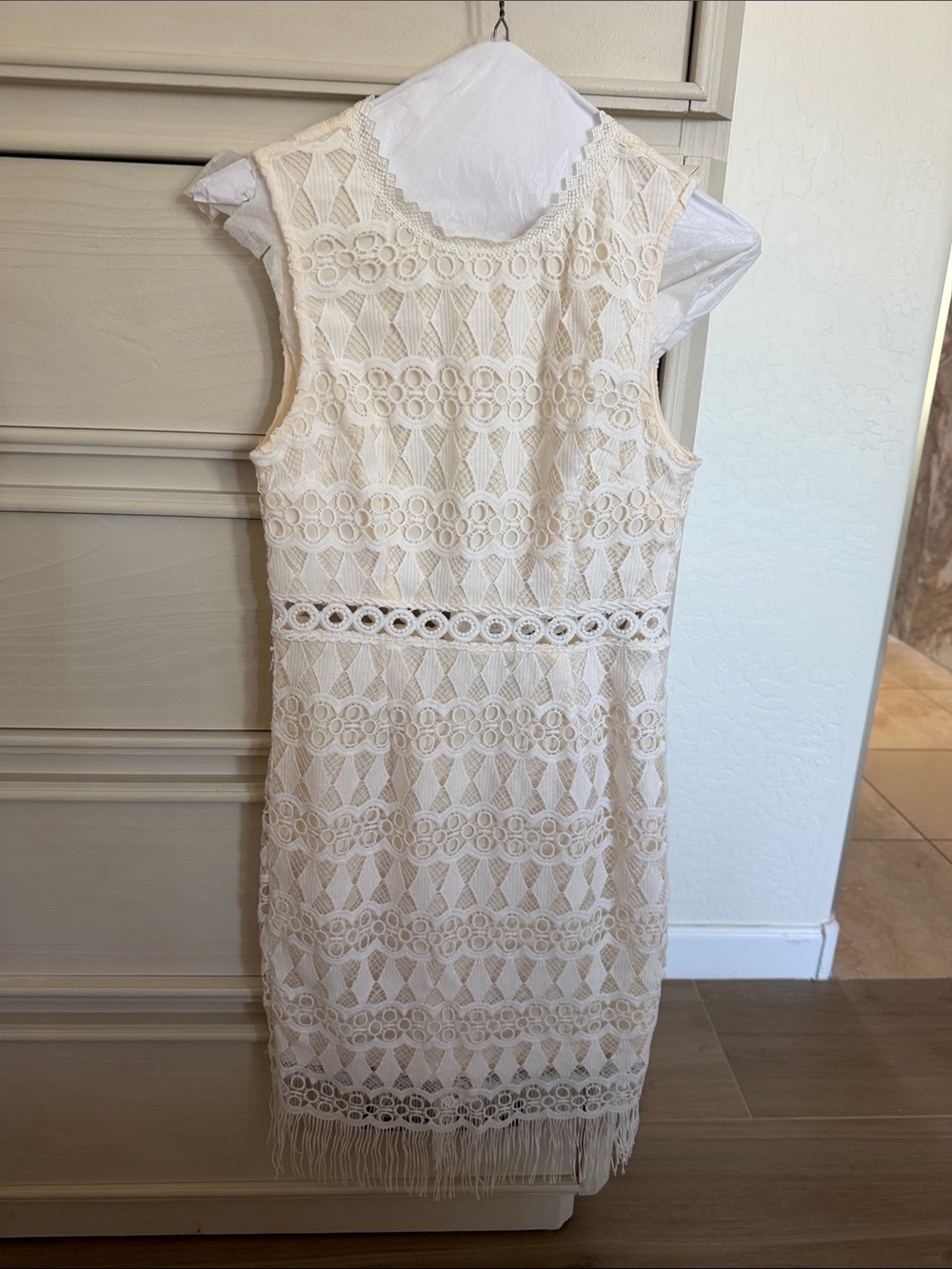 Women's Cream Lace Fringe Sheath Dress